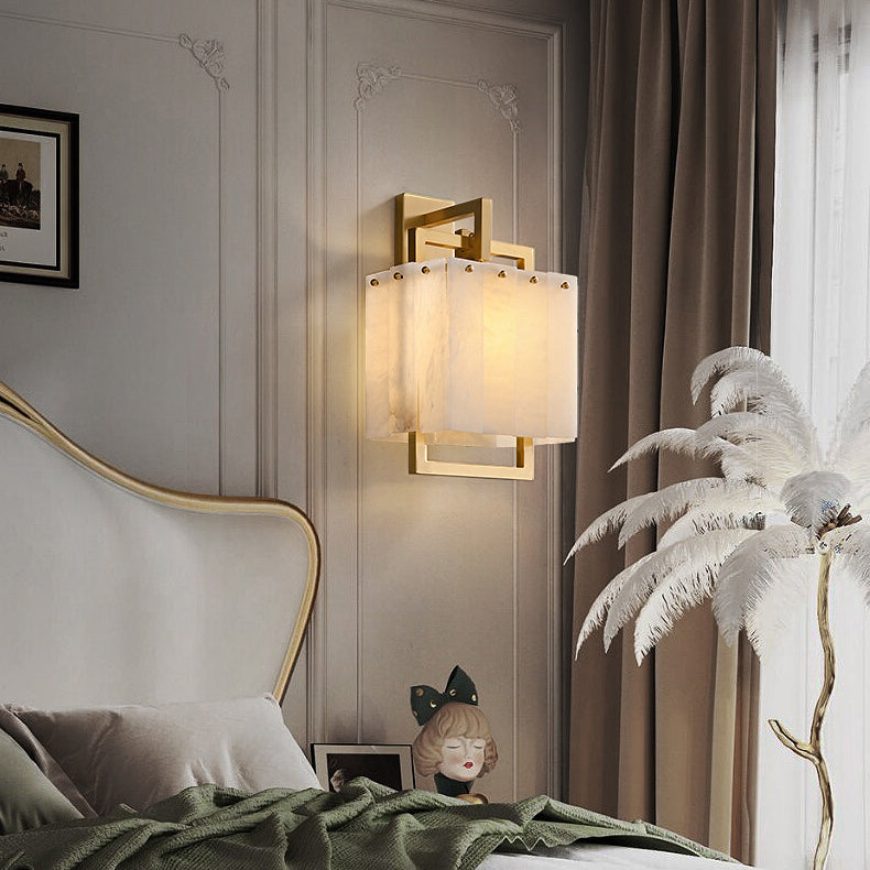 Modern Mid-Century Cube Copper Marble 1-Light Wall Sconce Lamp For Bedroom