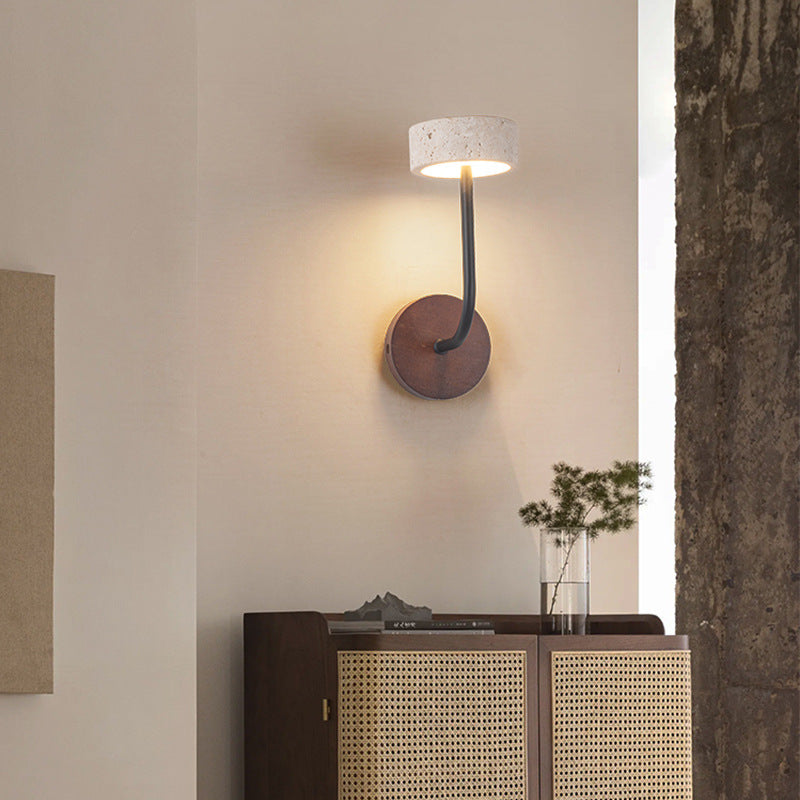 Modern Mid-Century Round Yellow Travertine Solid Wood LED Wall Sconce Lamp For Bedroom
