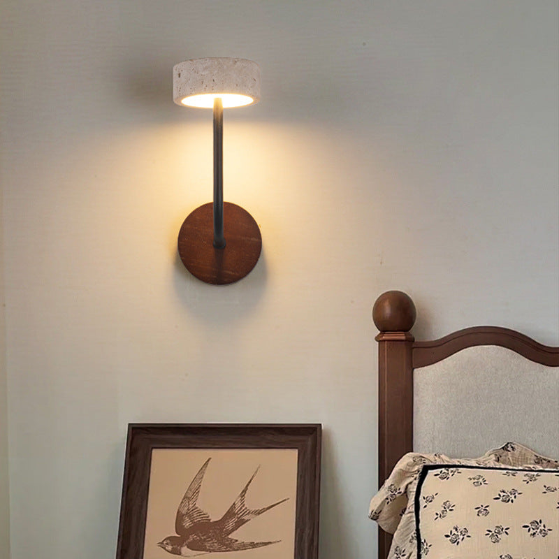 Modern Mid-Century Round Yellow Travertine Solid Wood LED Wall Sconce Lamp For Bedroom