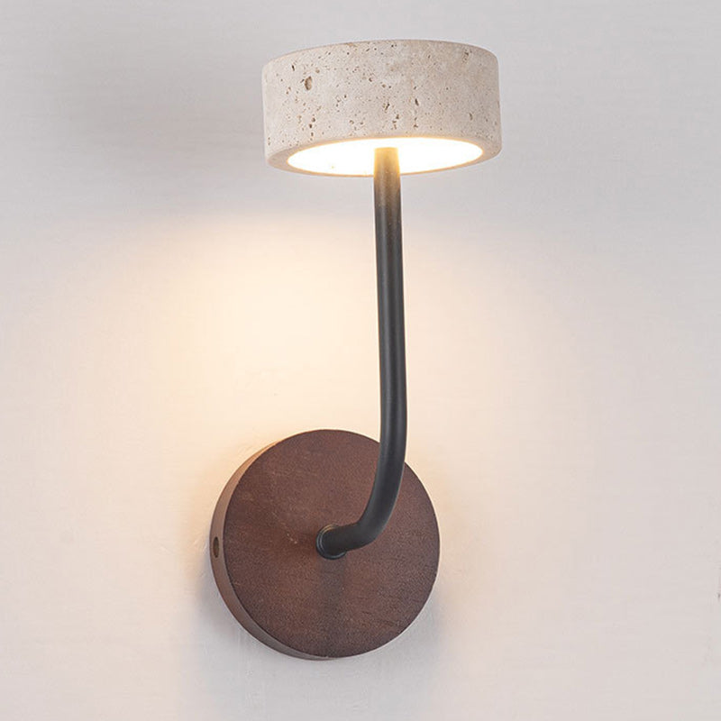 Modern Mid-Century Round Yellow Travertine Solid Wood LED Wall Sconce Lamp For Bedroom
