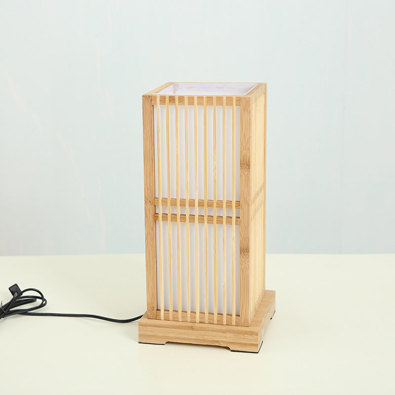 Traditional Japanese Tatami Box-shaped Bamboo 1-Light Table Lamp For Bedroom