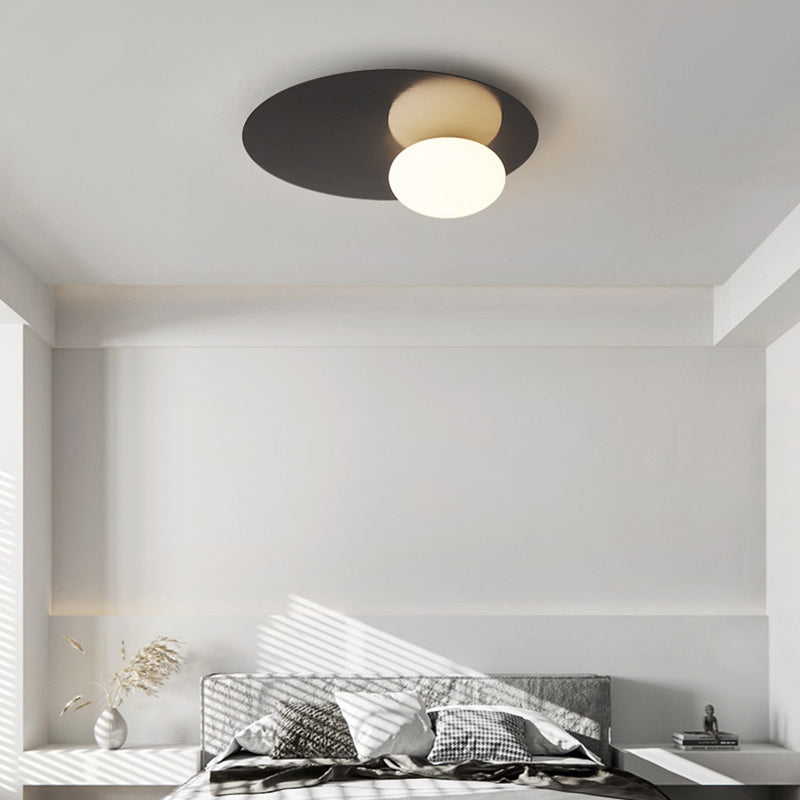 Modern Minimalist Art Deco Round Iron Glass 1-Light Flush Mount Ceiling Light For Bedroom