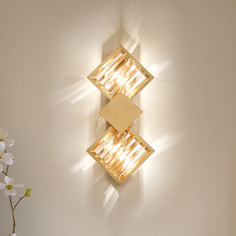 Modern Art Deco Square Frame Metal Crystal 2-Light Wall Sconce Lamp For Bedroom