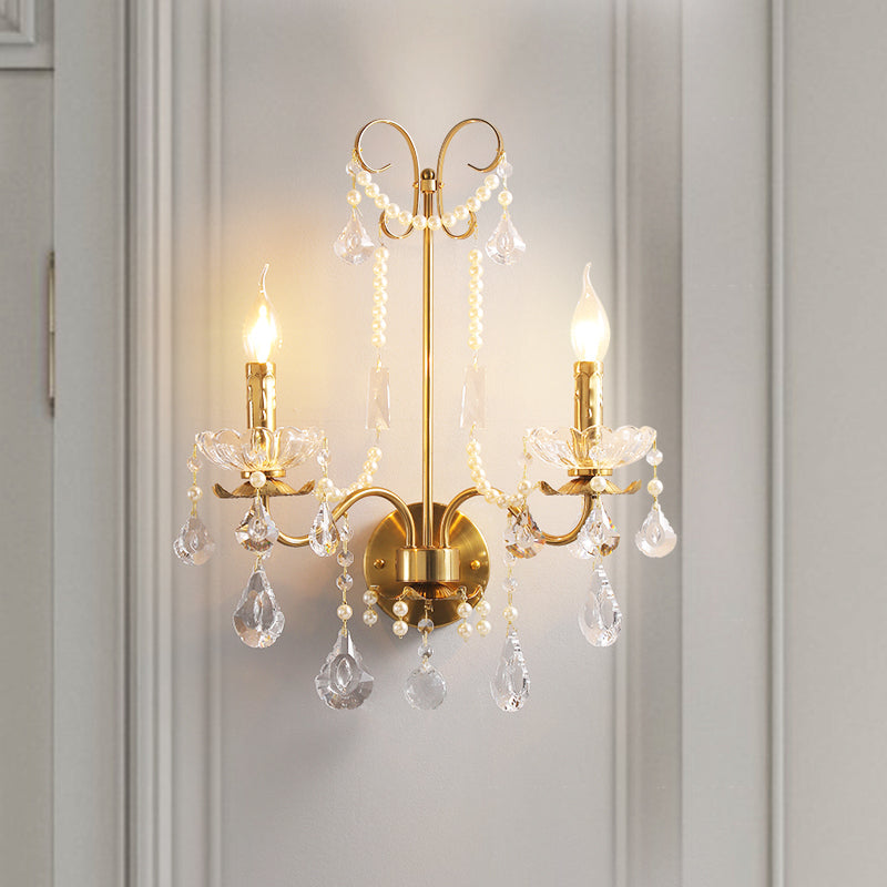 Traditional European Rustic Candle Iron Crystal 2-Light Wall Sconce Lamp For Living Room