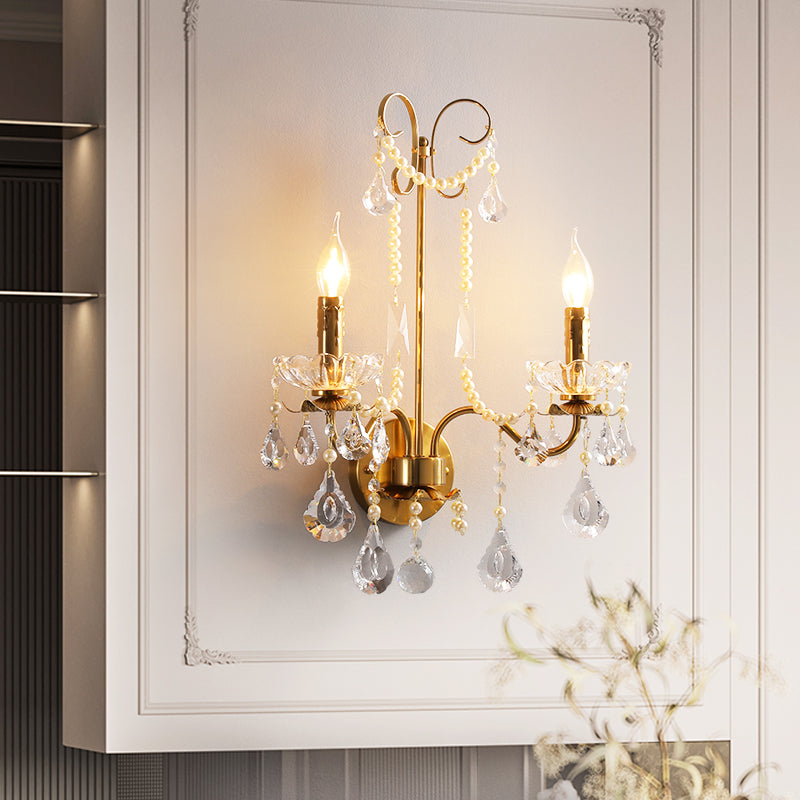 Traditional European Rustic Candle Iron Crystal 2-Light Wall Sconce Lamp For Living Room