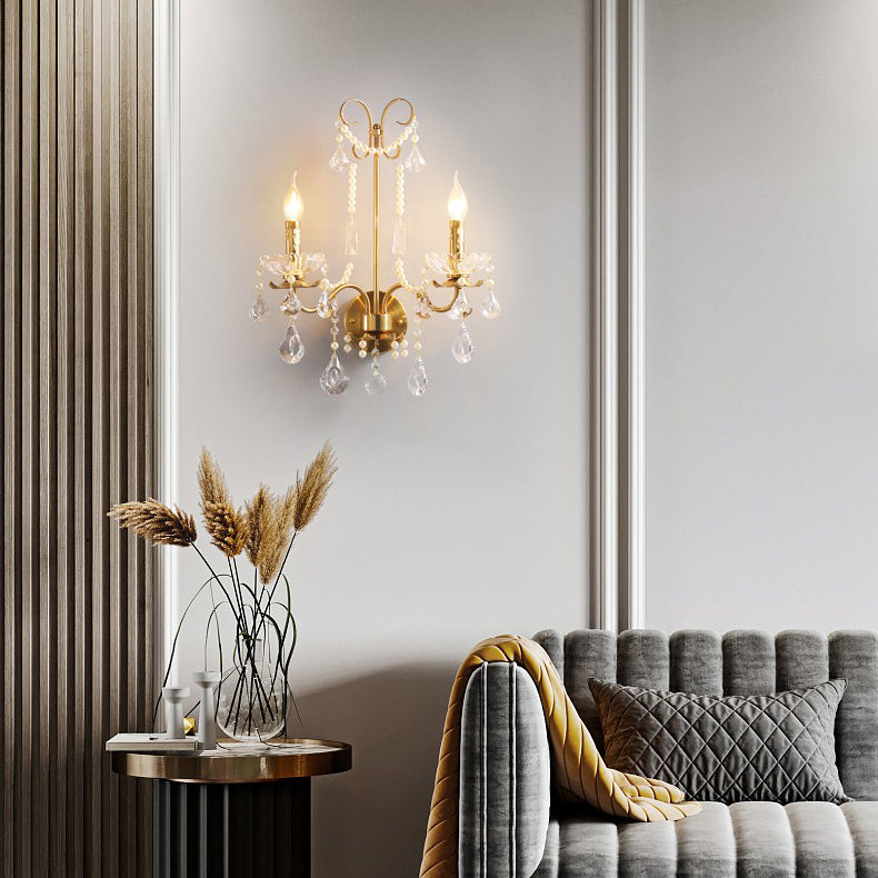 Traditional European Rustic Candle Iron Crystal 2-Light Wall Sconce Lamp For Living Room