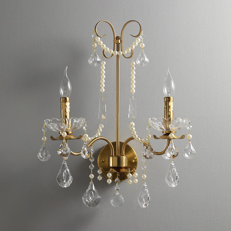 Traditional European Rustic Candle Iron Crystal 2-Light Wall Sconce Lamp For Living Room