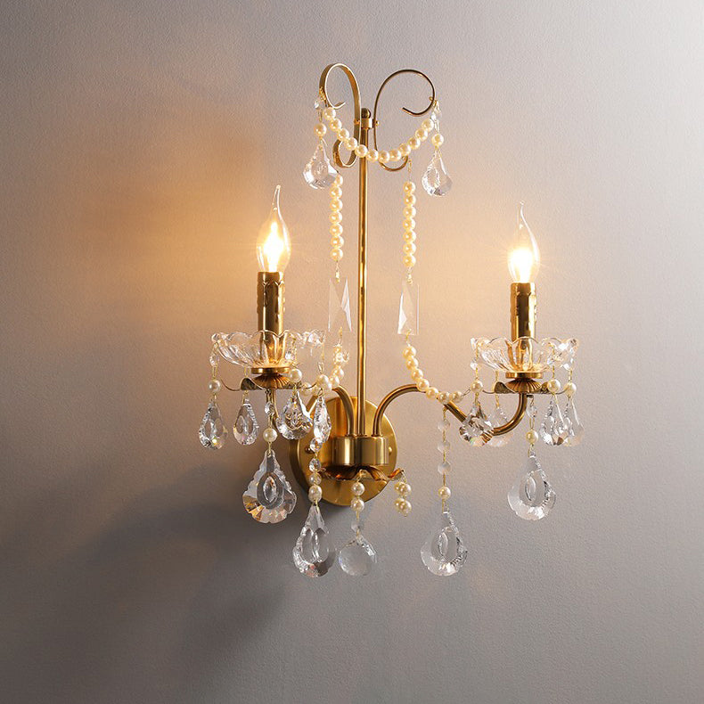 Traditional European Rustic Candle Iron Crystal 2-Light Wall Sconce Lamp For Living Room