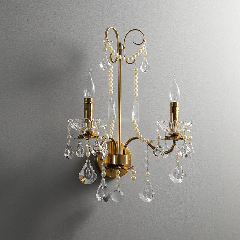 Traditional European Rustic Candle Iron Crystal 2-Light Wall Sconce Lamp For Living Room