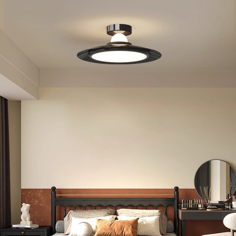 Modern Transitional Cream-Toned Flying Saucer Acrylic Shade Iron LED Semi-Flush Mount Ceiling Light For Bedroom