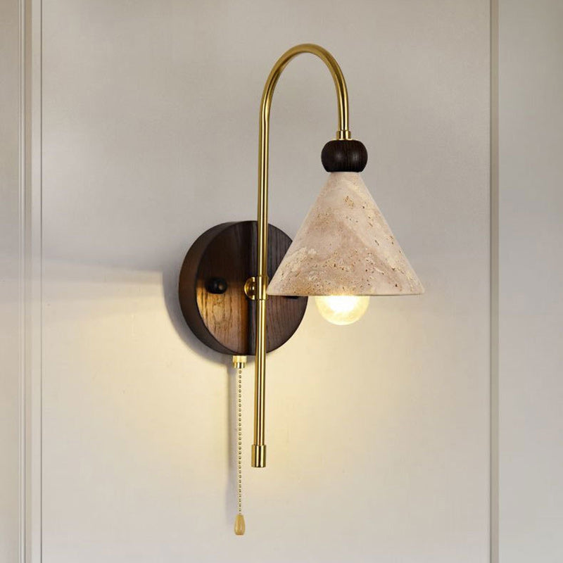 Modern Mid-Century Cone Shade Yellow Travertine Solid Wood Iron 1-Light Wall Sconce Lamp For Bedroom