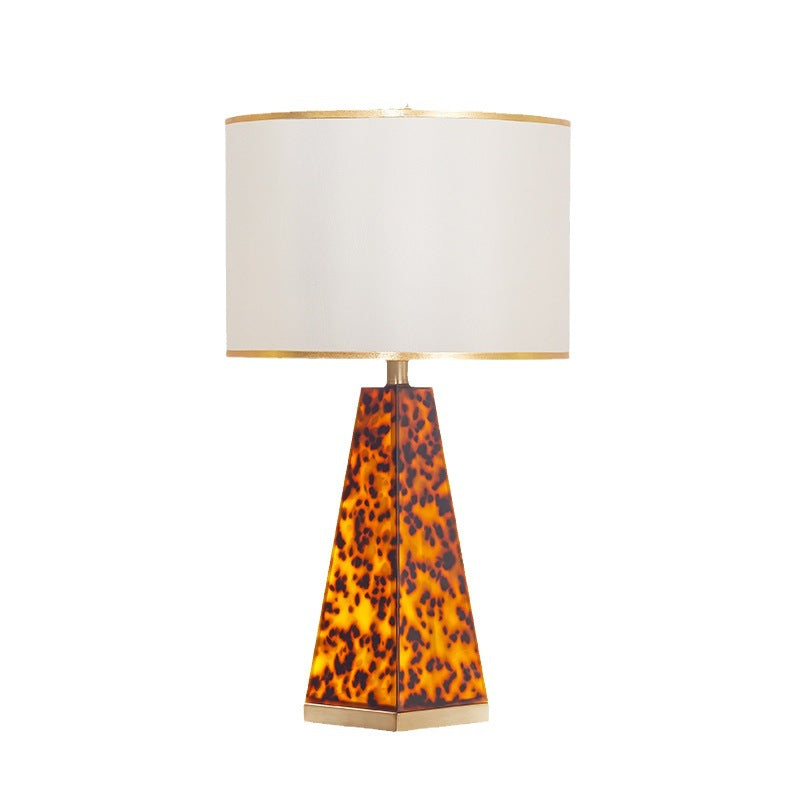 Contemporary Scandinavian Cylinder Fabric Shade Leopard Brass Base 1-Light Table Lamp For Living Room