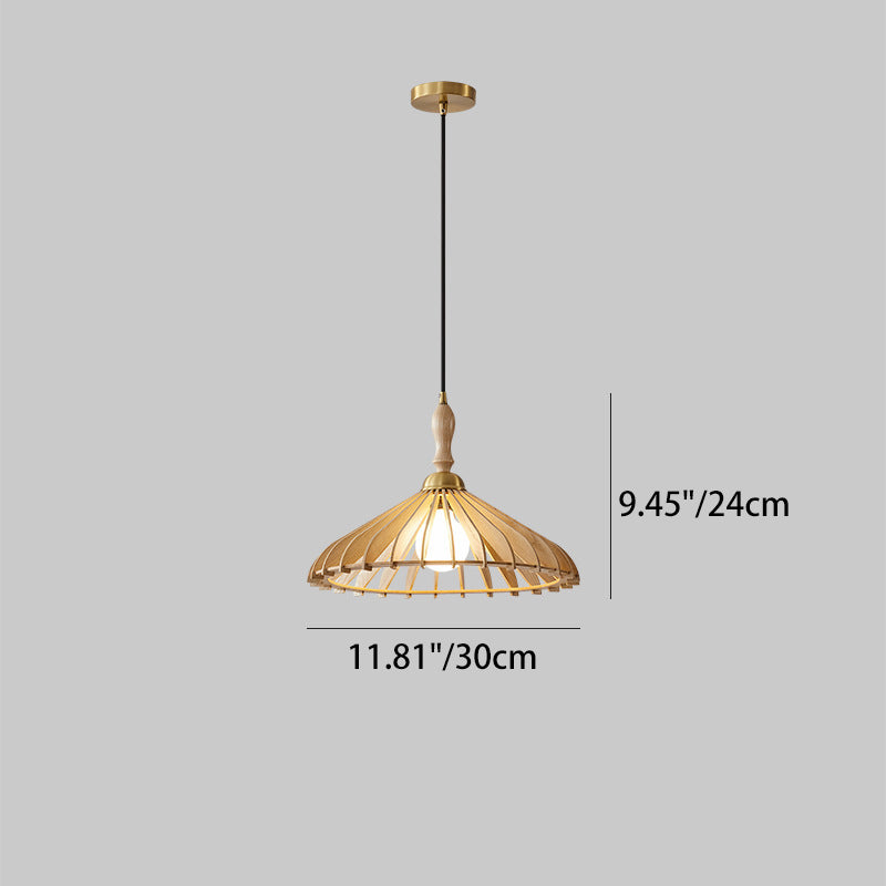 Modern Minimalist Conical Grid Shade Pendant Light In Ash Wood & Brass 1-Light For Living Room