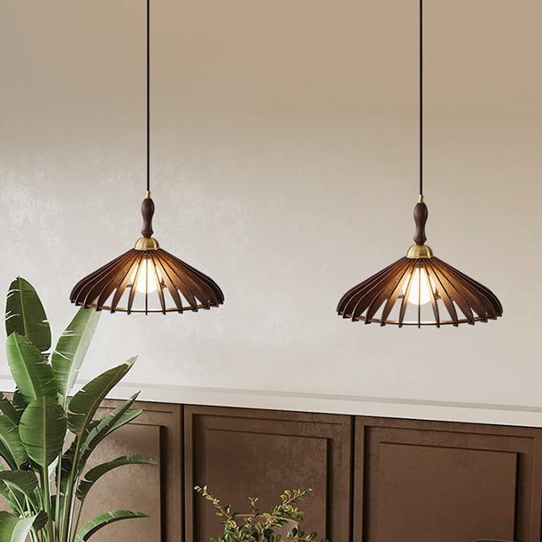 Modern Minimalist Conical Grid Shade Pendant Light In Ash Wood & Brass 1-Light For Living Room