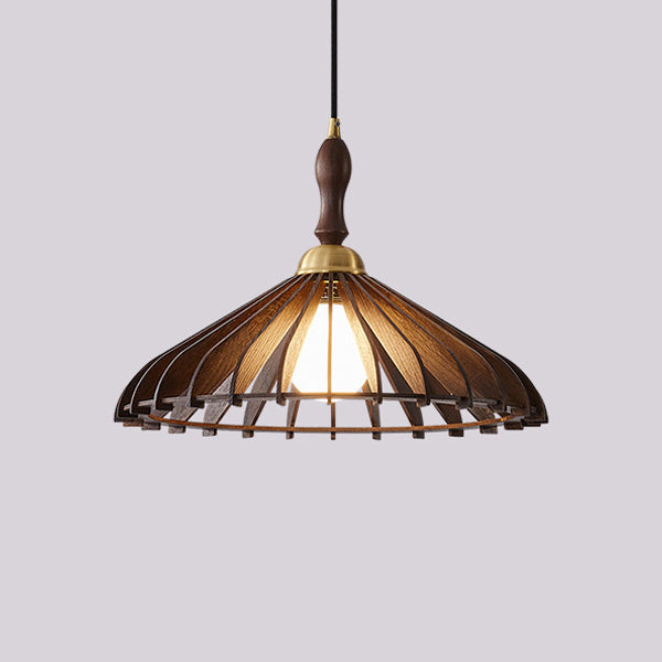 Modern Minimalist Conical Grid Shade Pendant Light In Ash Wood & Brass 1-Light For Living Room