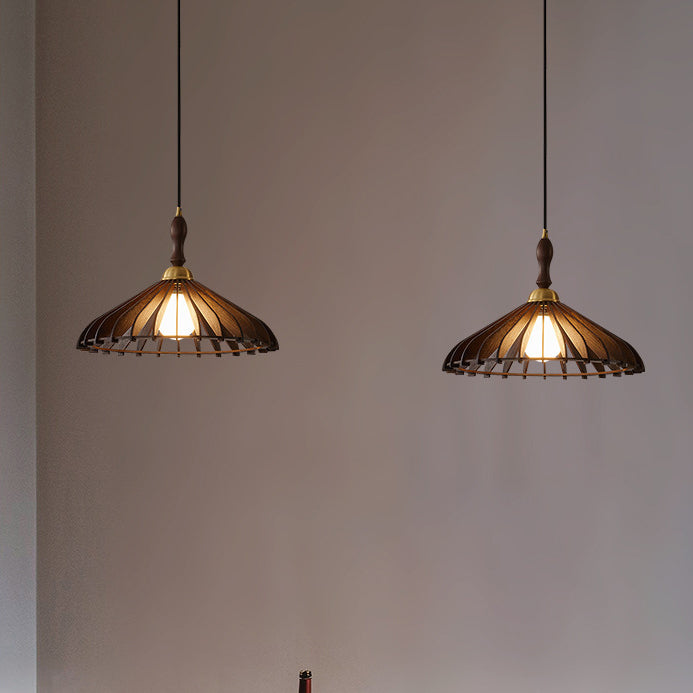 Modern Minimalist Conical Grid Shade Pendant Light In Ash Wood & Brass 1-Light For Living Room