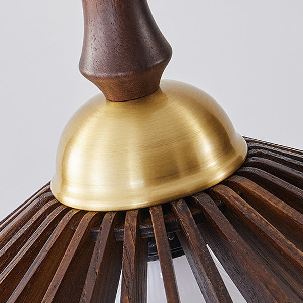 Modern Minimalist Conical Grid Shade Pendant Light In Ash Wood & Brass 1-Light For Living Room