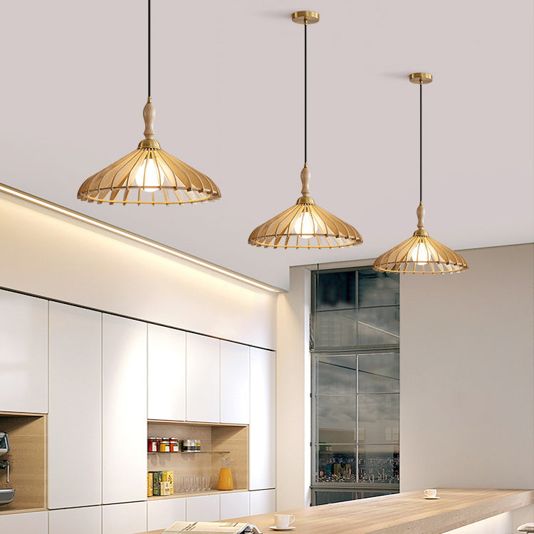 Modern Minimalist Conical Grid Shade Pendant Light In Ash Wood & Brass 1-Light For Living Room