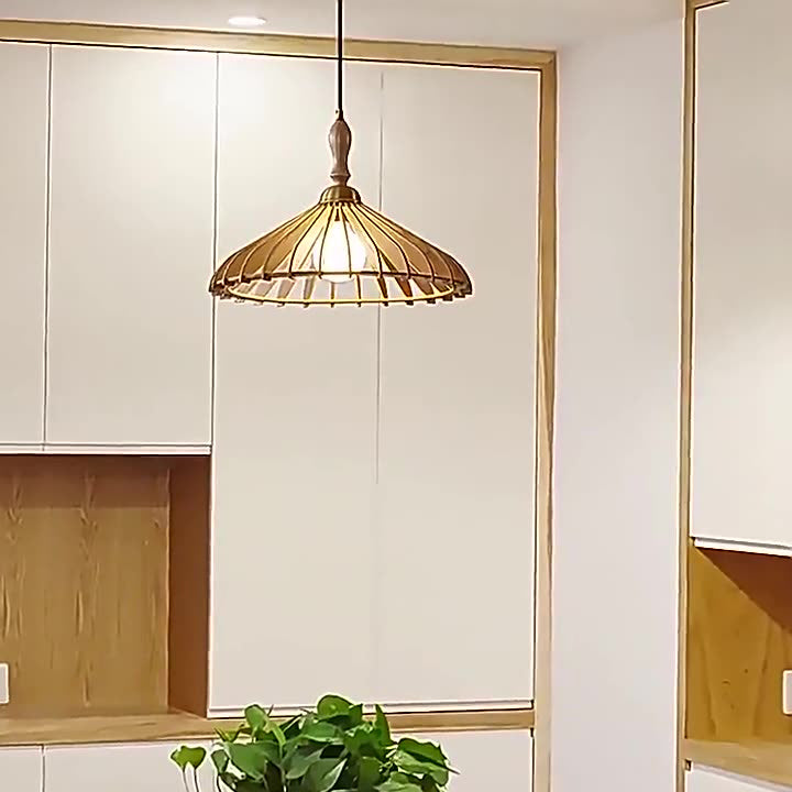 Modern Minimalist Conical Grid Shade Pendant Light In Ash Wood & Brass 1-Light For Living Room