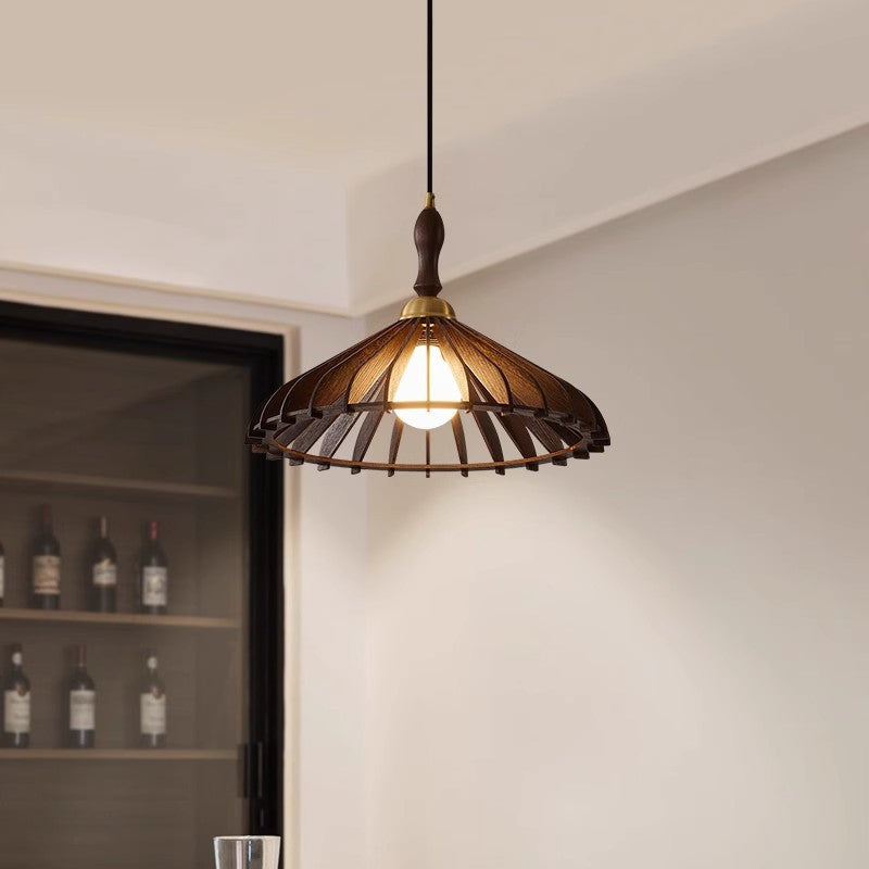 Modern Minimalist Conical Grid Shade Pendant Light In Ash Wood & Brass 1-Light For Living Room