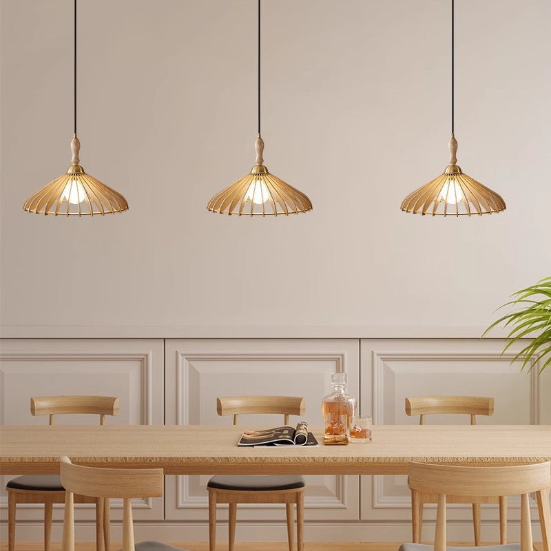 Modern Minimalist Conical Grid Shade Pendant Light In Ash Wood & Brass 1-Light For Living Room
