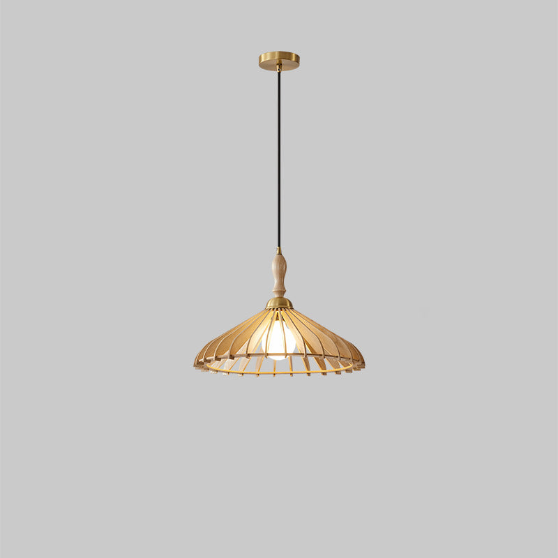 Modern Minimalist Conical Grid Shade Pendant Light In Ash Wood & Brass 1-Light For Living Room