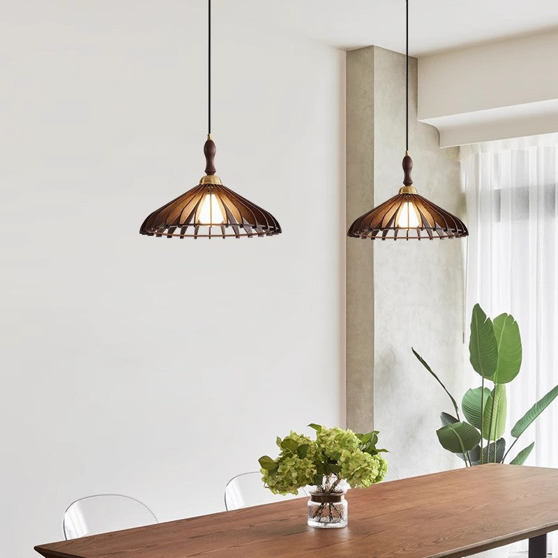 Modern Minimalist Conical Grid Shade Pendant Light In Ash Wood & Brass 1-Light For Living Room
