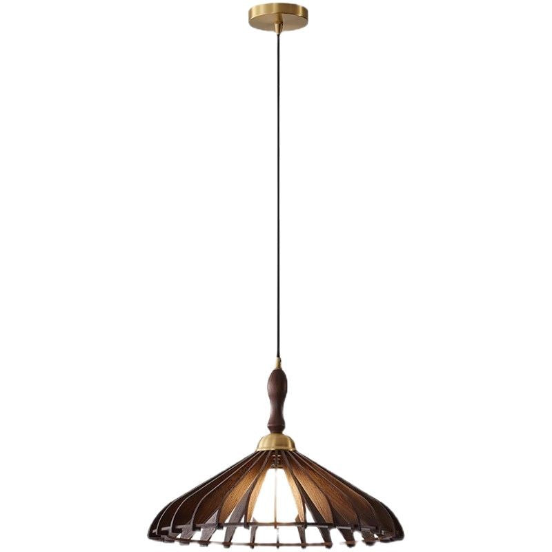 Modern Minimalist Conical Grid Shade Pendant Light In Ash Wood & Brass 1-Light For Living Room