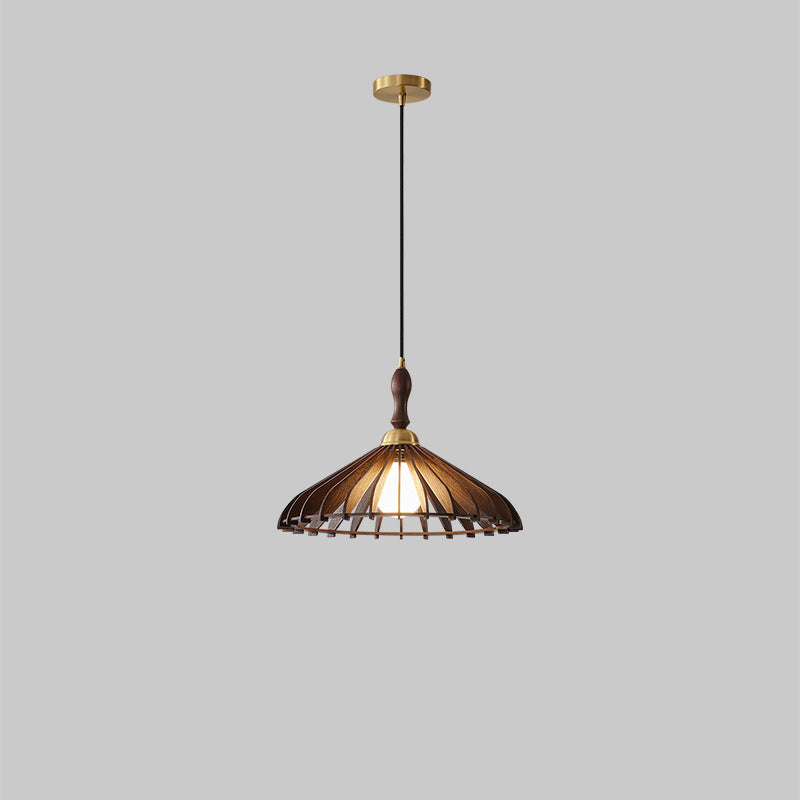 Modern Minimalist Conical Grid Shade Pendant Light In Ash Wood & Brass 1-Light For Living Room