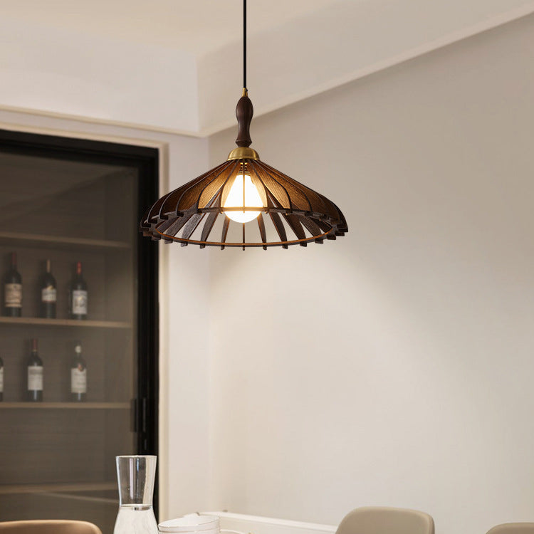 Modern Minimalist Conical Grid Shade Pendant Light In Ash Wood & Brass 1-Light For Living Room