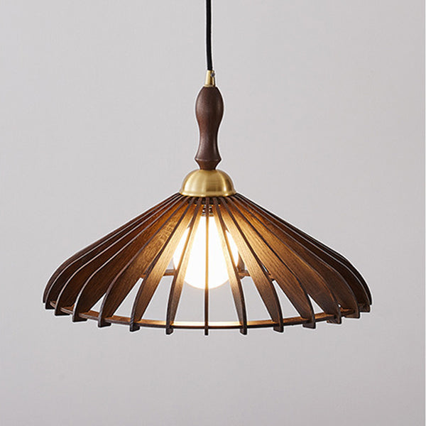 Modern Minimalist Conical Grid Shade Pendant Light In Ash Wood & Brass 1-Light For Living Room