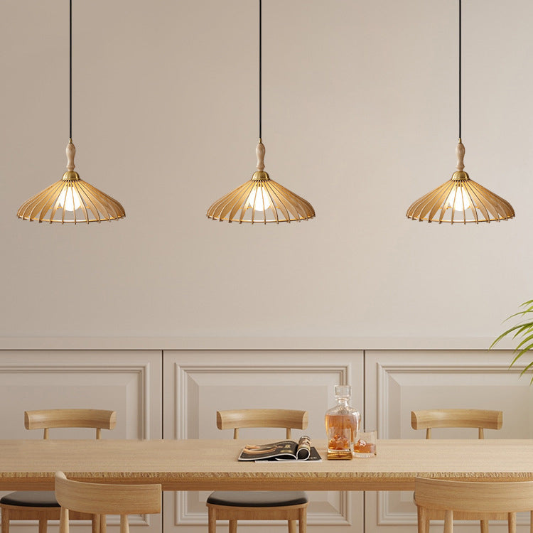 Modern Minimalist Conical Grid Shade Pendant Light In Ash Wood & Brass 1-Light For Living Room