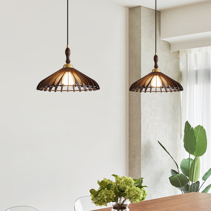 Modern Minimalist Conical Grid Shade Pendant Light In Ash Wood & Brass 1-Light For Living Room