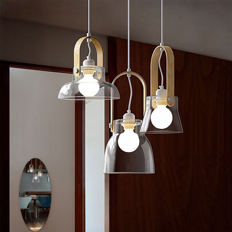 Modern Minimalist Cylinder Glass Wood Iron 1-Light Pendant Light For Living Room