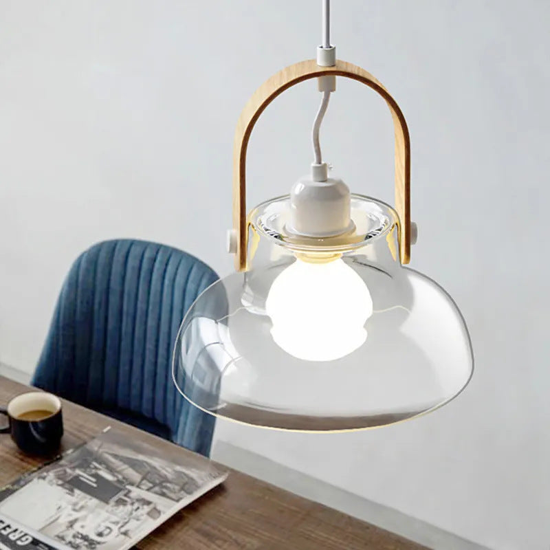 Modern Minimalist Cylinder Glass Wood Iron 1-Light Pendant Light For Living Room