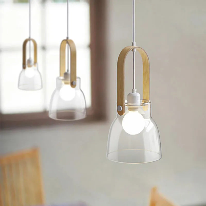 Modern Minimalist Cylinder Glass Wood Iron 1-Light Pendant Light For Living Room