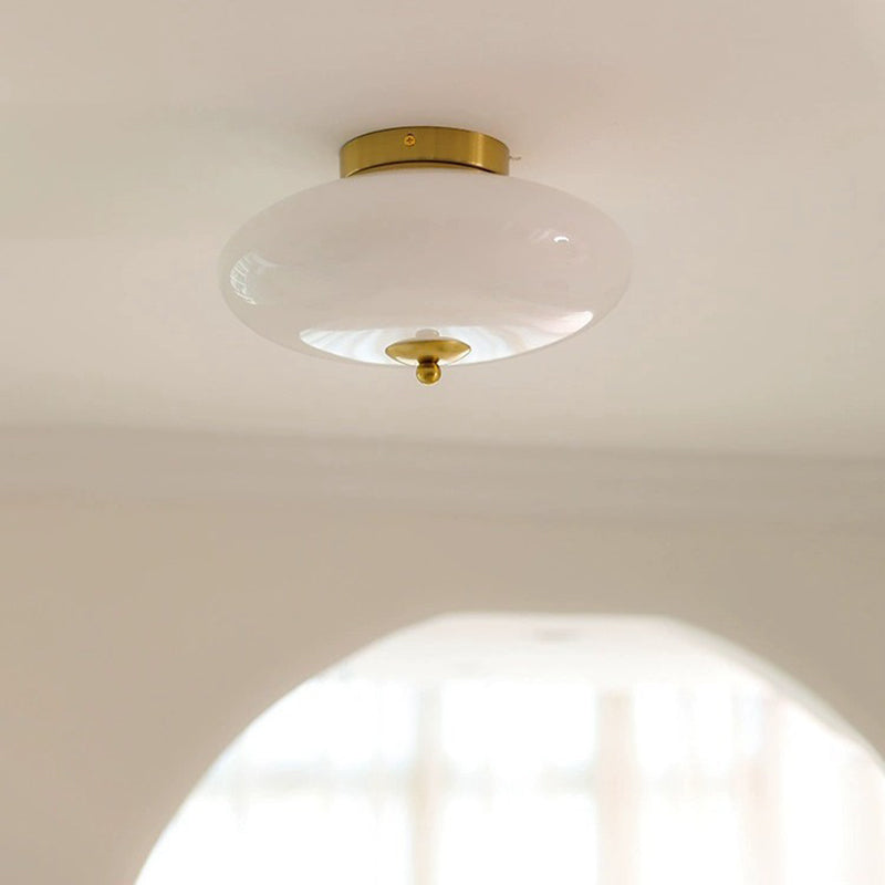 Modern Mid-Century Bauhaus Round Iron Glass LED Semi-Flush Mount Ceiling Light For Bedroom