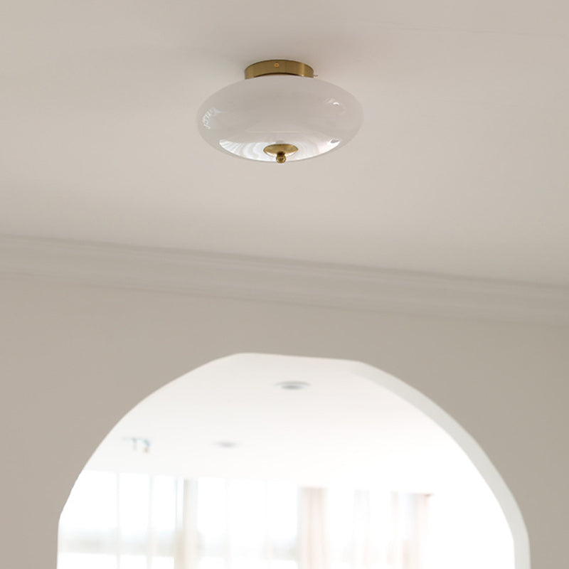 Modern Mid-Century Bauhaus Round Iron Glass LED Semi-Flush Mount Ceiling Light For Bedroom