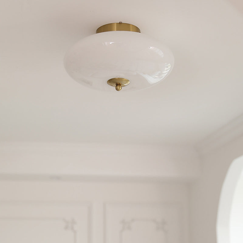 Modern Mid-Century Bauhaus Round Iron Glass LED Semi-Flush Mount Ceiling Light For Bedroom