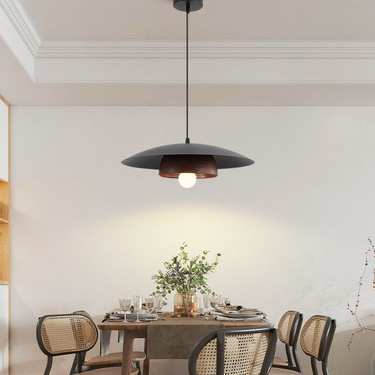 Traditional Japanese Wood Texture Round Iron 1-Light Pendant Light For Living Room