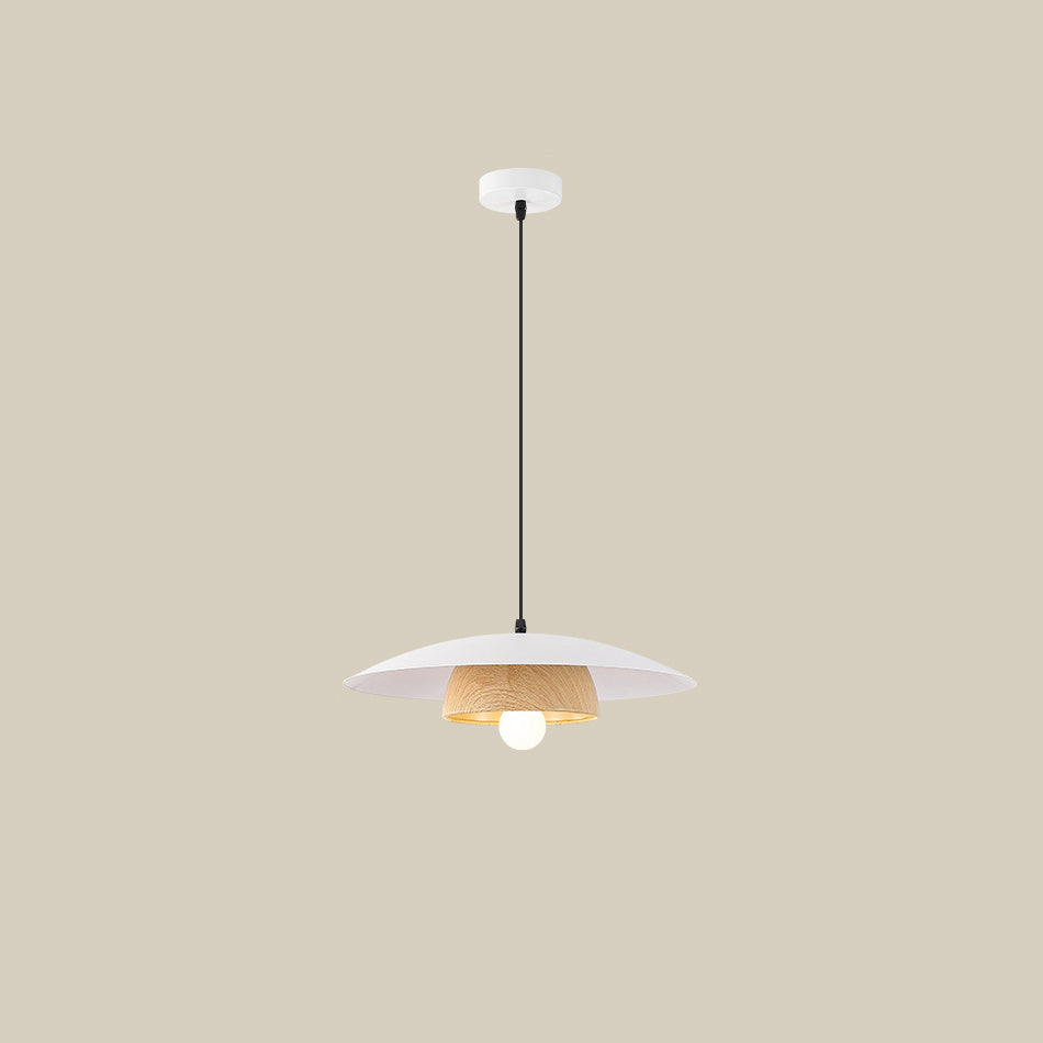 Traditional Japanese Wood Texture Round Iron 1-Light Pendant Light For Living Room