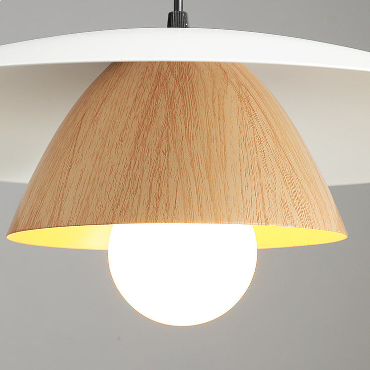 Traditional Japanese Wood Texture Round Iron 1-Light Pendant Light For Living Room