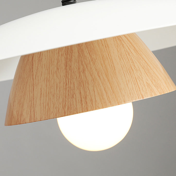 Traditional Japanese Wood Texture Round Iron 1-Light Pendant Light For Living Room