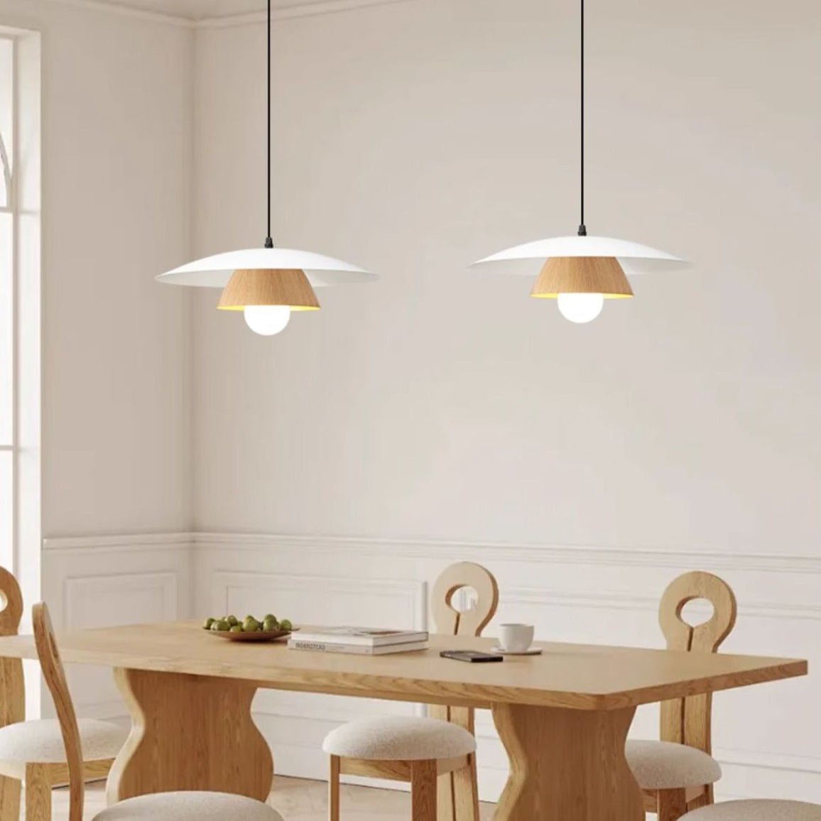 Traditional Japanese Wood Texture Round Iron 1-Light Pendant Light For Living Room