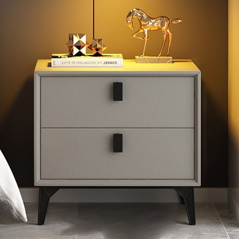 Contemporary Scandinavian Rectangular PU Leather Solid Wood Nightstand 2-Drawer For Bedroom