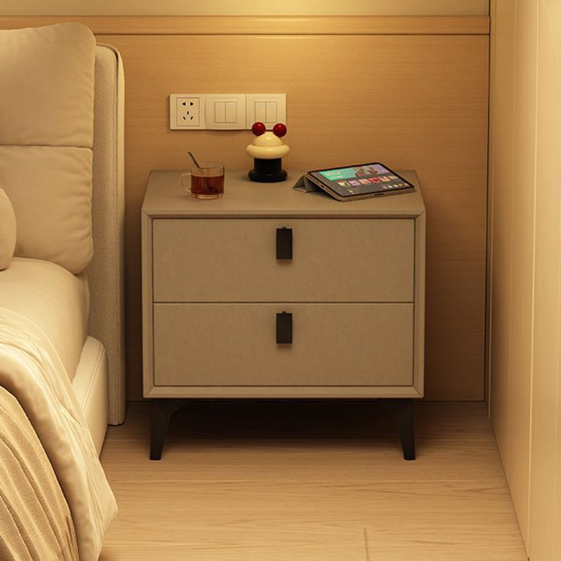 Contemporary Scandinavian Rectangular PU Leather Solid Wood Nightstand 2-Drawer For Bedroom