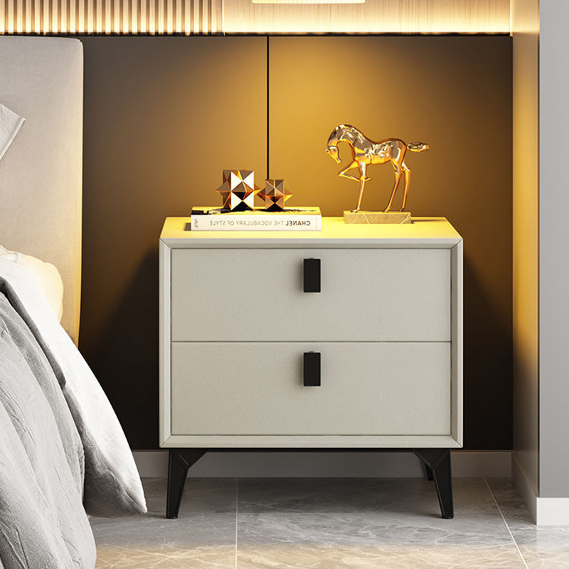 Contemporary Scandinavian Rectangular PU Leather Solid Wood Nightstand 2-Drawer For Bedroom