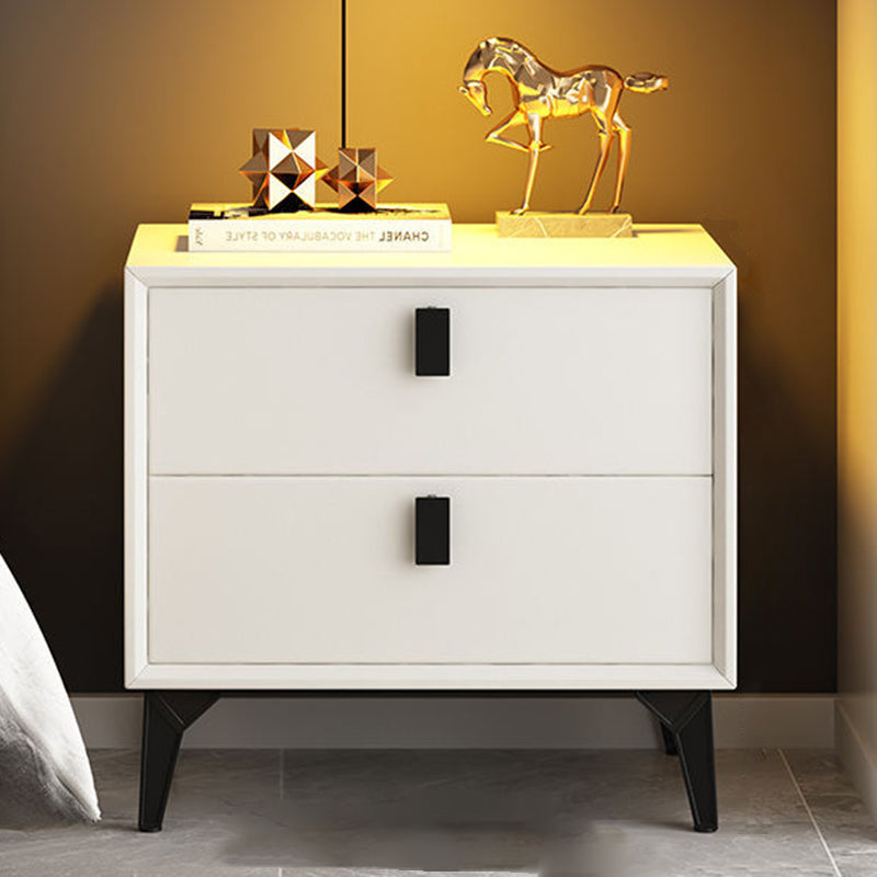 Contemporary Scandinavian Rectangular PU Leather Solid Wood Nightstand 2-Drawer For Bedroom