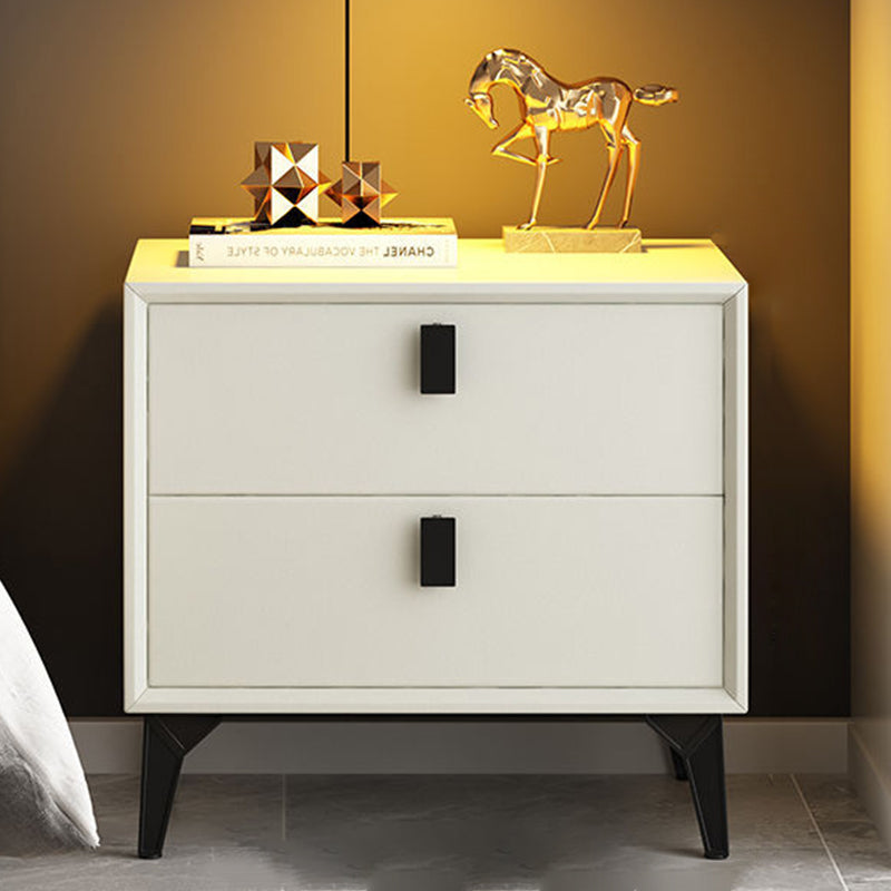 Contemporary Scandinavian Rectangular PU Leather Solid Wood Nightstand 2-Drawer For Bedroom