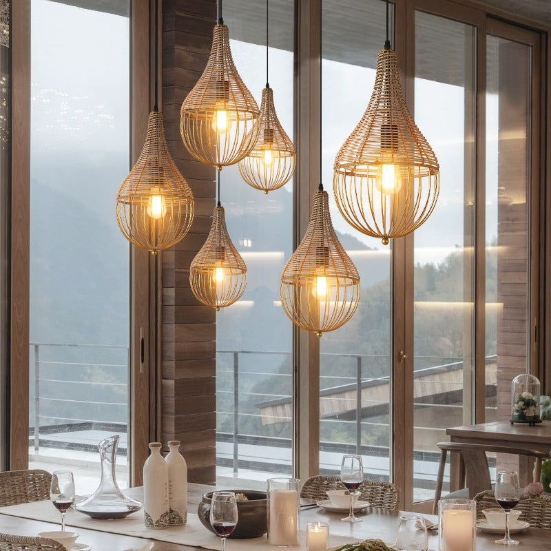 Modern Minimalist Metal Rattan Droplet Shape 1-Light Pendant Light For Dining Room
